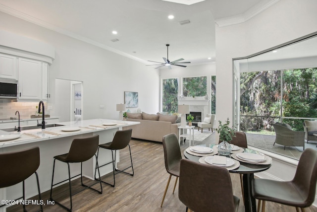 dining space with ornamental molding, light wood-type flooring, sink, and ceiling fan