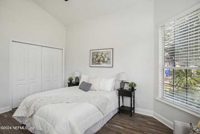 bedroom featuring dark hardwood / wood-style flooring, lofted ceiling, and a closet