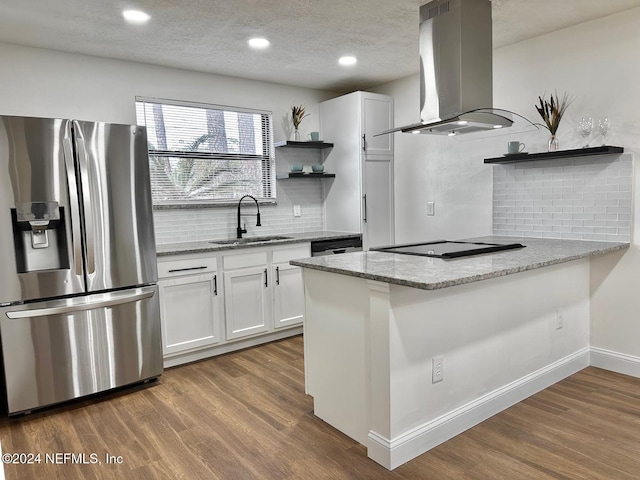 kitchen featuring sink, stainless steel fridge with ice dispenser, white cabinetry, wood-type flooring, and island exhaust hood