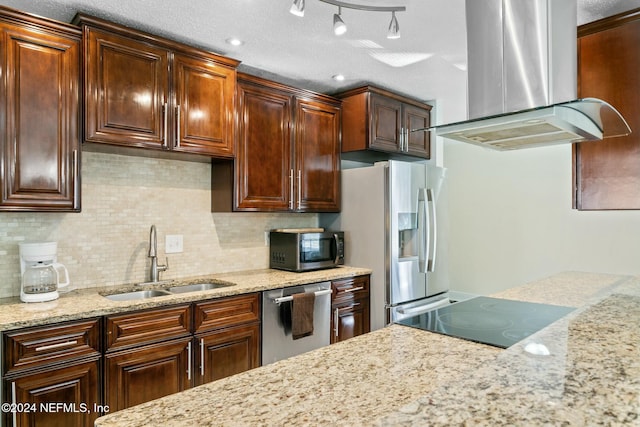 kitchen with tasteful backsplash, ventilation hood, stainless steel appliances, and sink