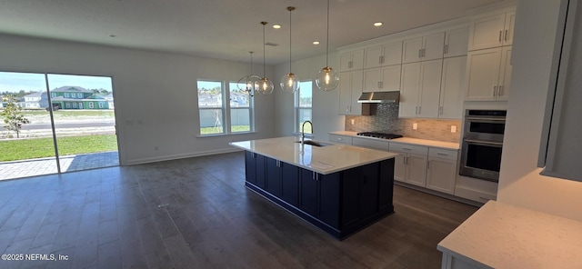 kitchen featuring stainless steel double oven, under cabinet range hood, a sink, white cabinets, and light countertops