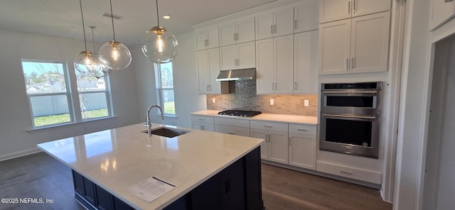 kitchen featuring tasteful backsplash, appliances with stainless steel finishes, light countertops, under cabinet range hood, and a sink