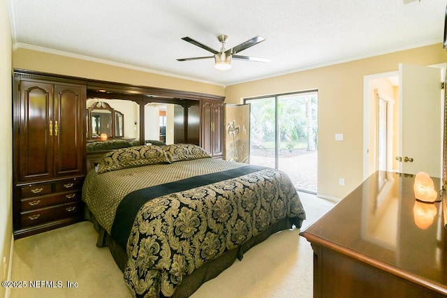 bedroom with ceiling fan, crown molding, light carpet, and access to outside