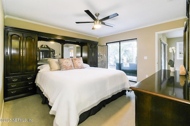 bedroom with light carpet, crown molding, a ceiling fan, and access to exterior