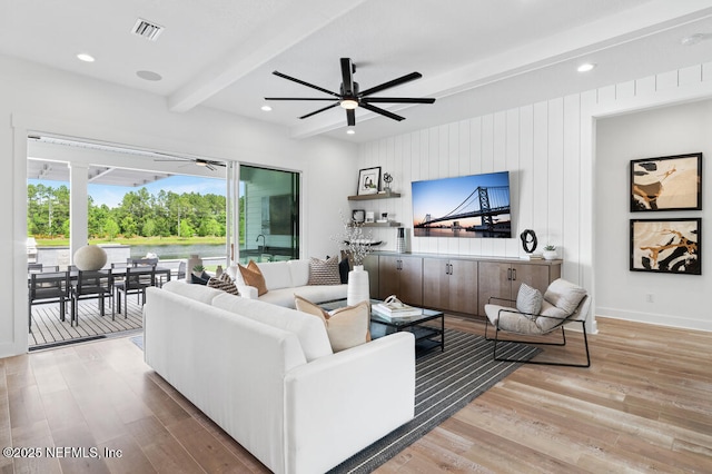 300 Hillendale Cir, Saint Johns, FL 32259 - living area featuring a ceiling fan, wood finished floors, visible vents, beamed ceiling, and recessed lighting