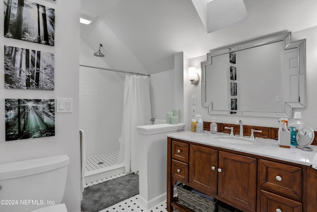 bathroom featuring a shower with curtain, toilet, lofted ceiling, and vanity