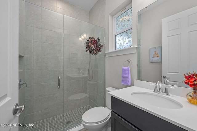 bathroom featuring a shower stall, toilet, and vanity