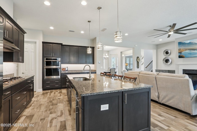 kitchen with a sink, under cabinet range hood, light wood finished floors, stainless steel appliances, and recessed lighting