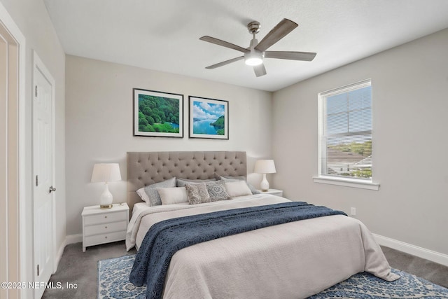 bedroom featuring carpet floors, baseboards, and a ceiling fan