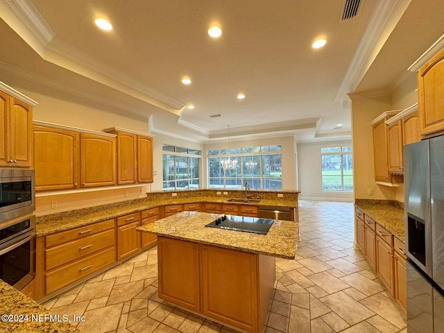 kitchen featuring a healthy amount of sunlight, crown molding, a kitchen island, and stainless steel appliances