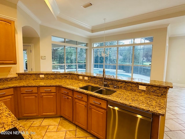 kitchen featuring stainless steel dishwasher, a healthy amount of sunlight, ornamental molding, and sink