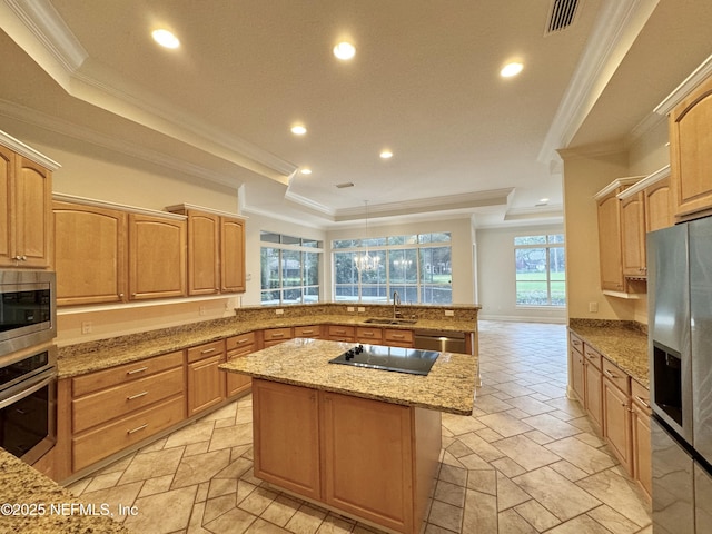 kitchen with sink, crown molding, stainless steel appliances, light stone counters, and a kitchen island