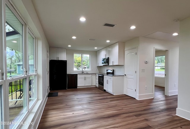 kitchen with white cabinetry, black appliances, dark hardwood / wood-style floors, and sink