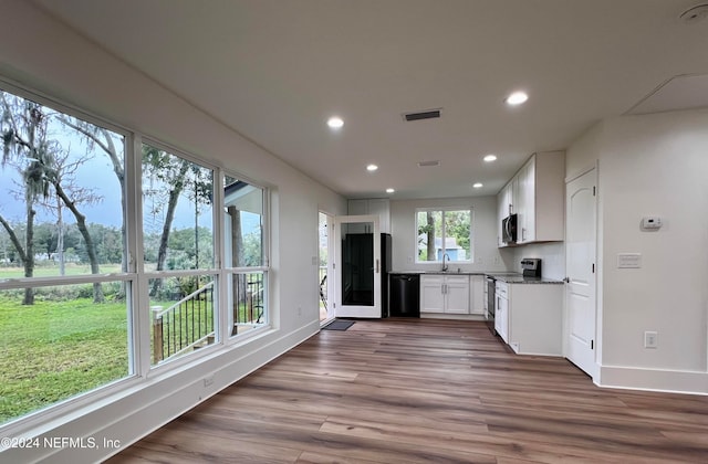 kitchen with white cabinets, a wealth of natural light, stainless steel appliances, and wood-type flooring