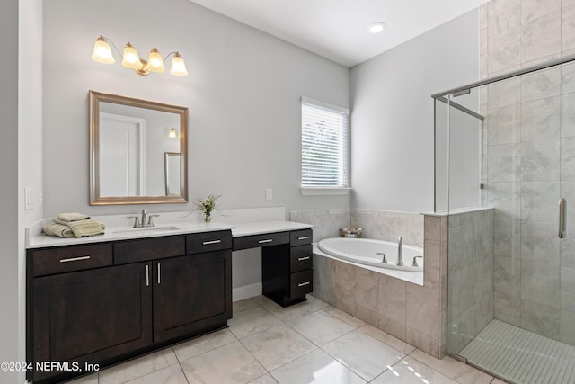 bathroom featuring vanity, tile patterned flooring, and plus walk in shower