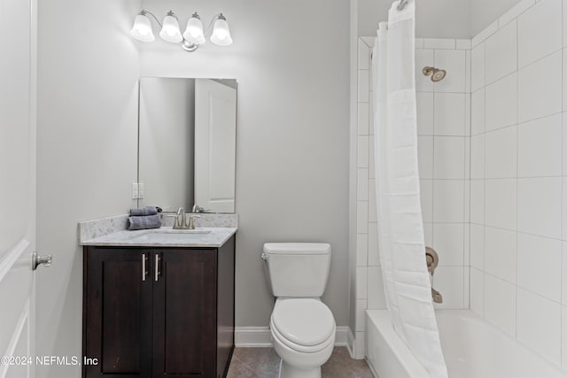 full bathroom featuring tile patterned floors, vanity, shower / bath combination with curtain, and toilet