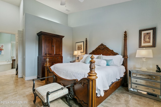 bedroom featuring ceiling fan and light tile patterned flooring