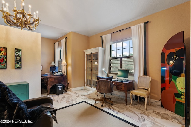 office area featuring a chandelier