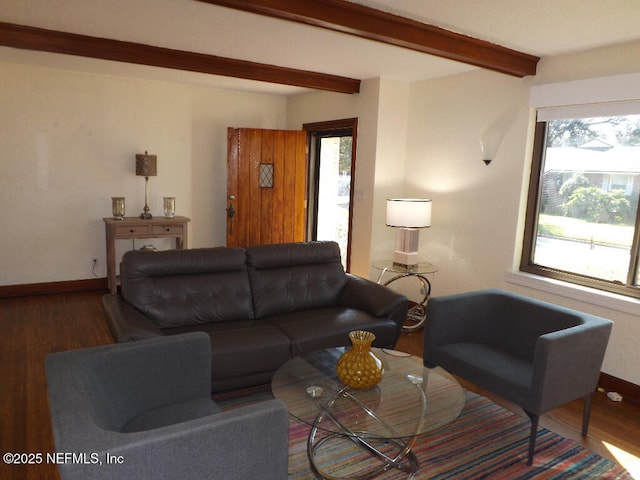 living area featuring beam ceiling, baseboards, and wood finished floors