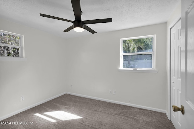 spare room with a textured ceiling, carpet flooring, ceiling fan, and plenty of natural light