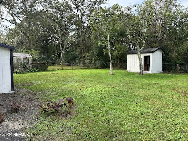 view of yard featuring a storage shed