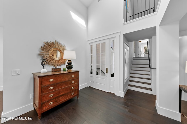 entryway with a towering ceiling and dark hardwood / wood-style flooring