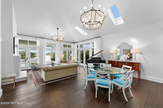 dining area with a notable chandelier, dark hardwood / wood-style floors, and french doors