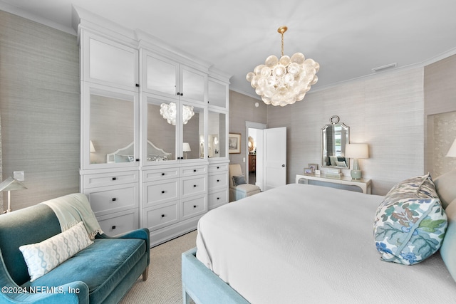 carpeted bedroom featuring ornamental molding and a notable chandelier