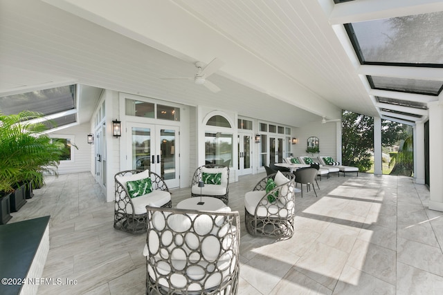 view of patio featuring french doors, an outdoor hangout area, and ceiling fan