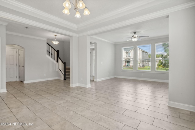 unfurnished living room featuring light tile patterned flooring, ceiling fan with notable chandelier, and crown molding