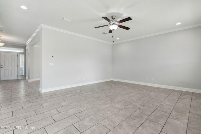 unfurnished room with ceiling fan and crown molding