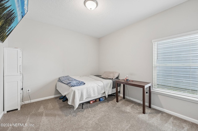 bedroom featuring lofted ceiling and carpet floors