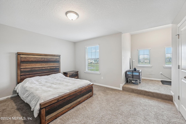 bedroom with a textured ceiling, carpet, and multiple windows