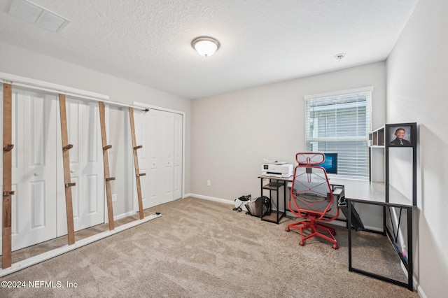 miscellaneous room with a textured ceiling and light carpet