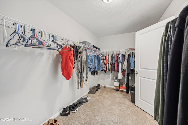 spacious closet featuring light colored carpet