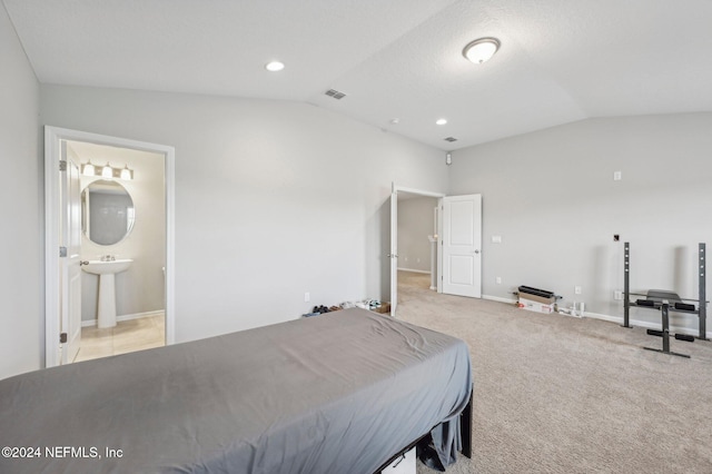 carpeted bedroom featuring lofted ceiling, sink, and ensuite bathroom