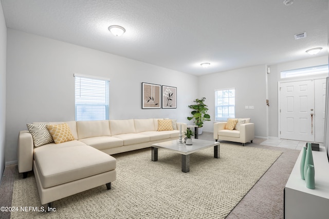 living room featuring plenty of natural light and a textured ceiling