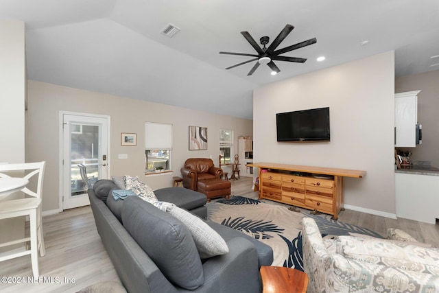 408 Third St, Saint Augustine, FL 32084 - living room featuring vaulted ceiling, a ceiling fan, light wood-style flooring, and recessed lighting