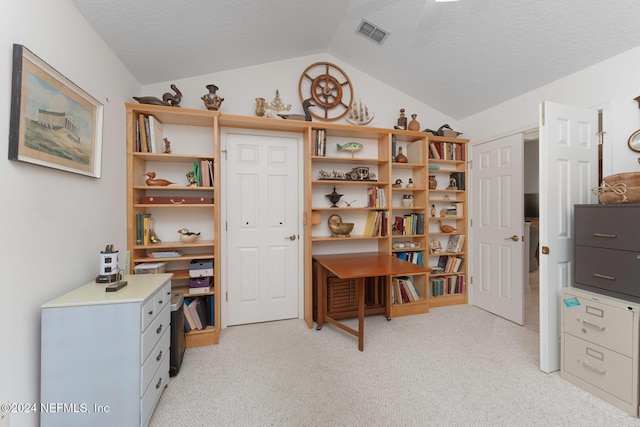 408 Third St, Saint Augustine, FL 32084 - office area featuring vaulted ceiling, light colored carpet, and a textured ceiling
