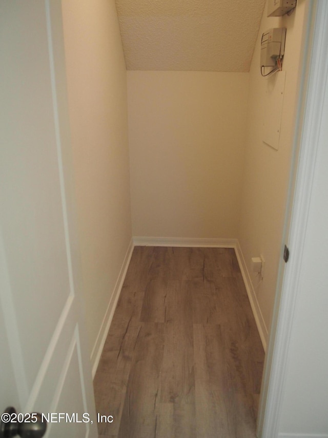 interior space with vaulted ceiling and wood-type flooring