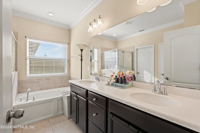 bathroom featuring tile patterned flooring, vanity, independent shower and bath, and ornamental molding