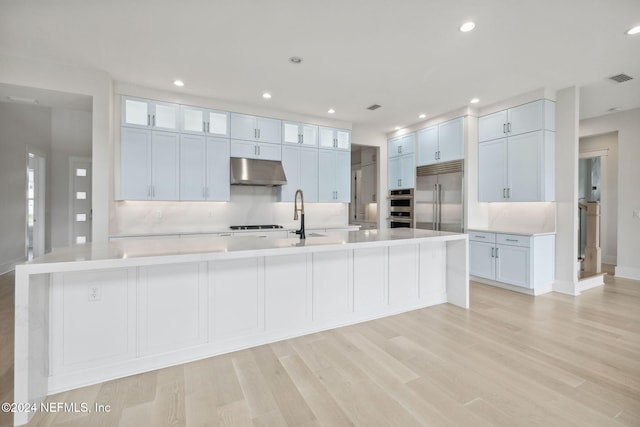 kitchen with white cabinets, appliances with stainless steel finishes, light hardwood / wood-style floors, and a spacious island