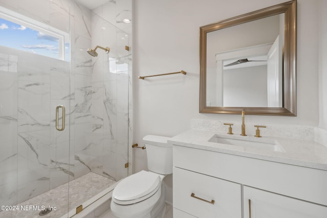 bathroom with vanity, toilet, and an enclosed shower