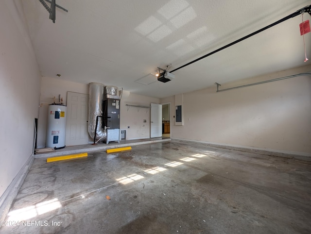 garage with electric panel, water heater, heating unit, and a garage door opener