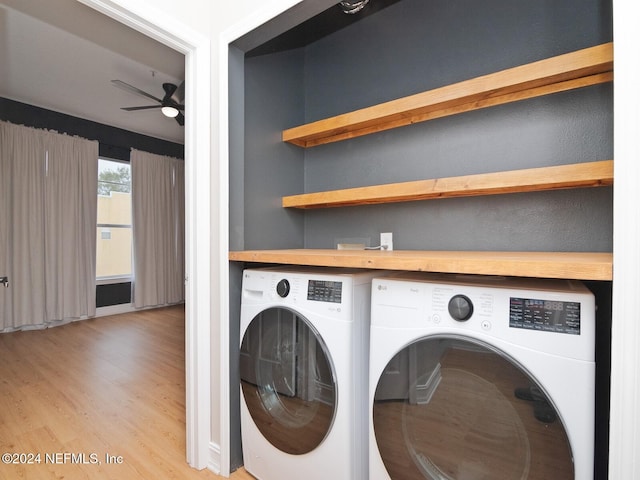 washroom with ceiling fan, light hardwood / wood-style flooring, and independent washer and dryer