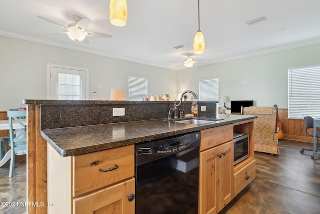 kitchen featuring black dishwasher, ornamental molding, sink, and pendant lighting