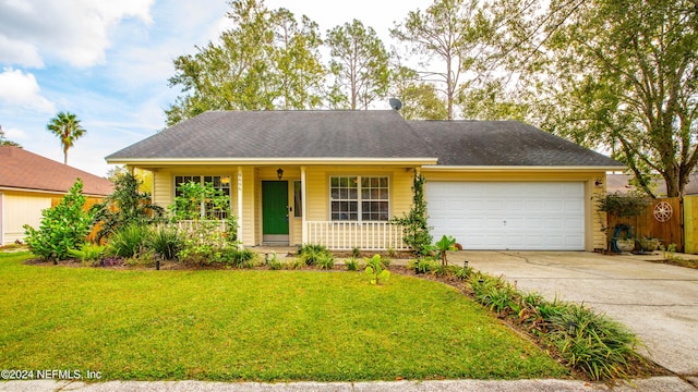 ranch-style house with a garage, a porch, and a front yard