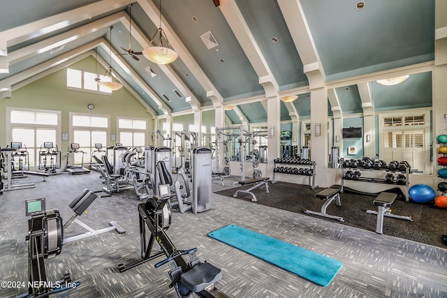 exercise room featuring carpet, high vaulted ceiling, and ceiling fan