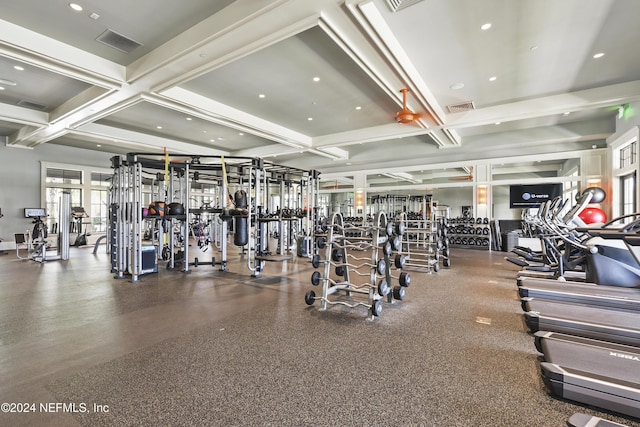 exercise room with a healthy amount of sunlight and coffered ceiling