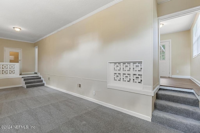 interior space featuring ornamental molding and a textured ceiling